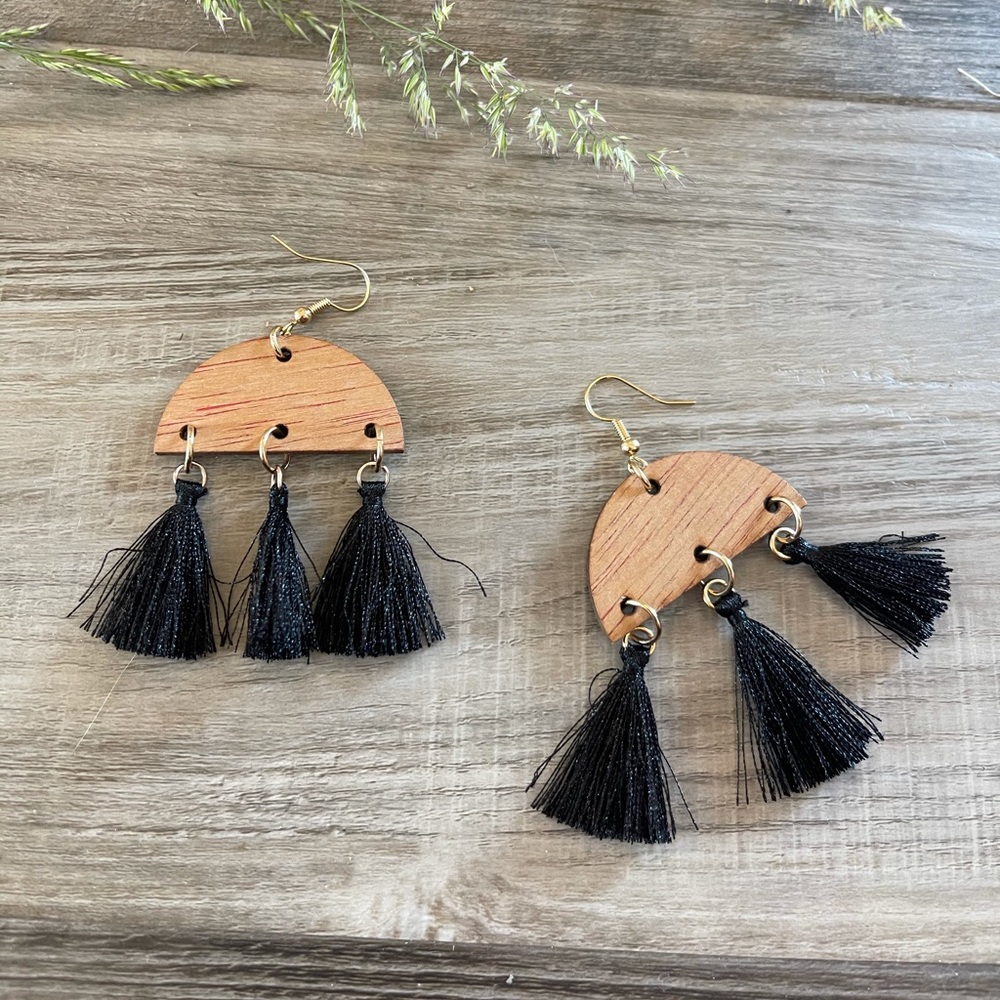 Half circle wood and tassel modern earings